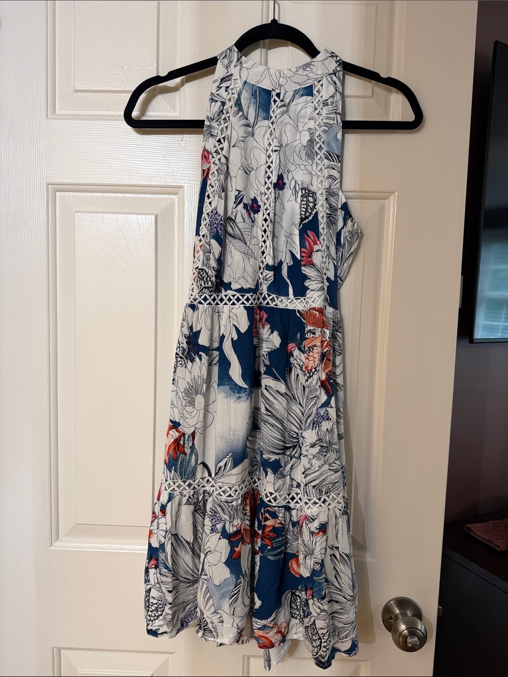 Blue and White Floral Sleeveless Summer Dress with Accent Flowers